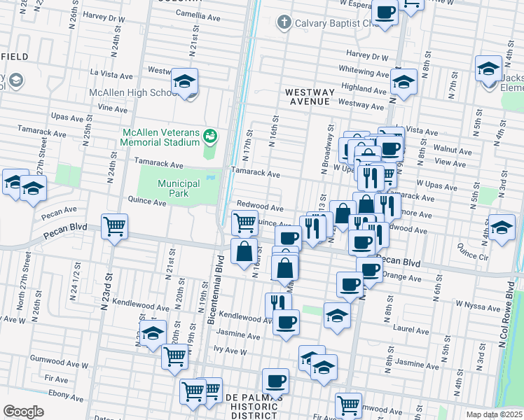 map of restaurants, bars, coffee shops, grocery stores, and more near 1506 Quince Avenue in McAllen