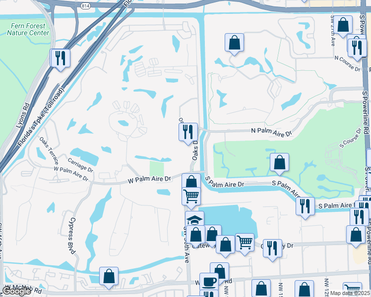 map of restaurants, bars, coffee shops, grocery stores, and more near 605 Oaks Drive in Pompano Beach
