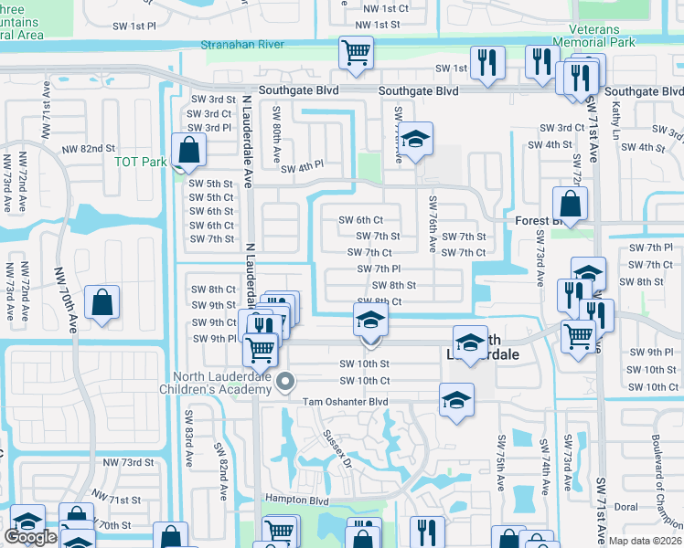 map of restaurants, bars, coffee shops, grocery stores, and more near 7812 Southwest 7th Place in North Lauderdale