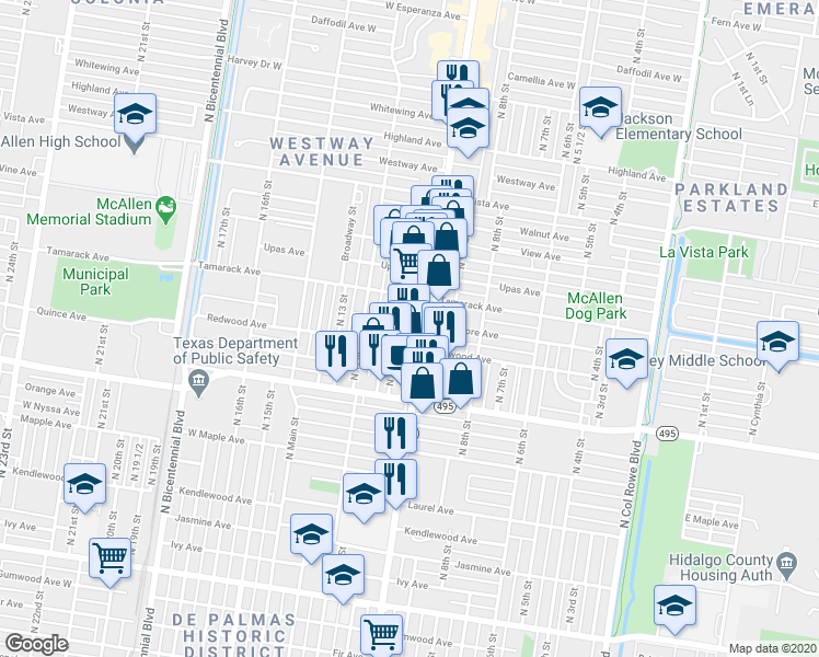 map of restaurants, bars, coffee shops, grocery stores, and more near 1807 North 10th Street in McAllen