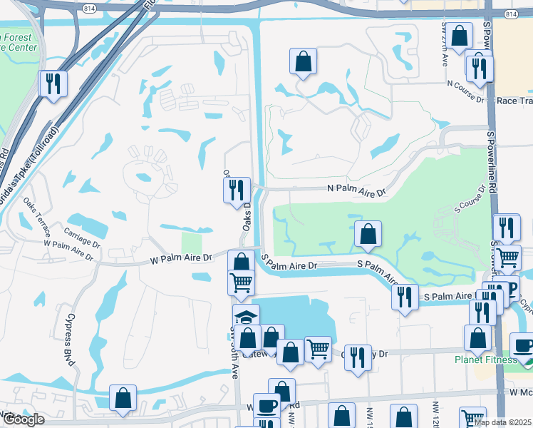 map of restaurants, bars, coffee shops, grocery stores, and more near 3250 North Palm Aire Drive in Pompano Beach
