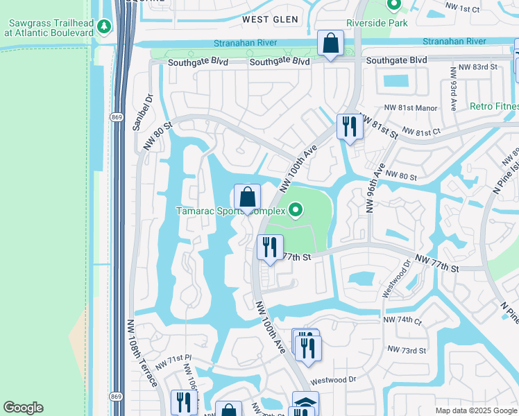 map of restaurants, bars, coffee shops, grocery stores, and more near 7775 Southampton Terrace in Tamarac