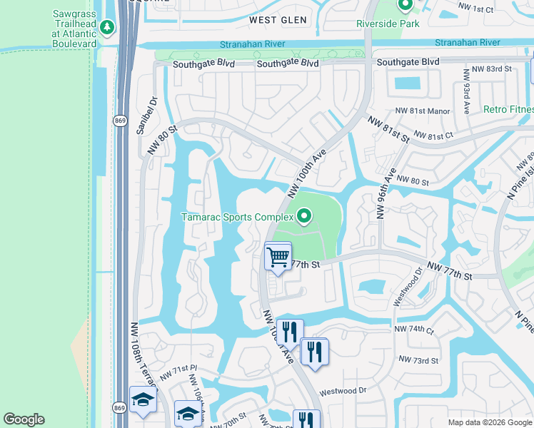map of restaurants, bars, coffee shops, grocery stores, and more near 7775 Southampton Terrace in Tamarac