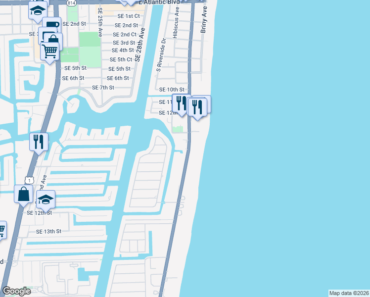 map of restaurants, bars, coffee shops, grocery stores, and more near 1350 South Ocean Boulevard in Pompano Beach