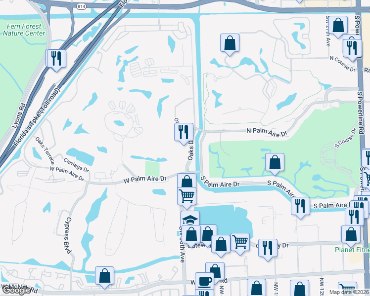 map of restaurants, bars, coffee shops, grocery stores, and more near 605 Oaks Drive in Pompano Beach
