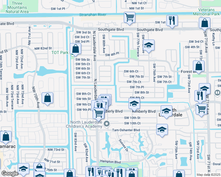map of restaurants, bars, coffee shops, grocery stores, and more near 7930 Southwest 7th Place in North Lauderdale