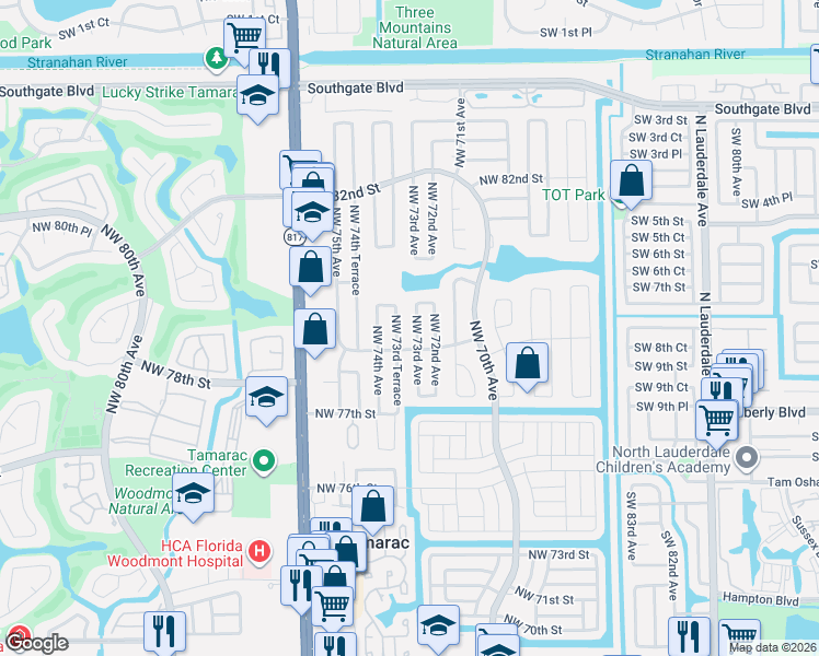 map of restaurants, bars, coffee shops, grocery stores, and more near 7903 Northwest 73rd Avenue in Tamarac