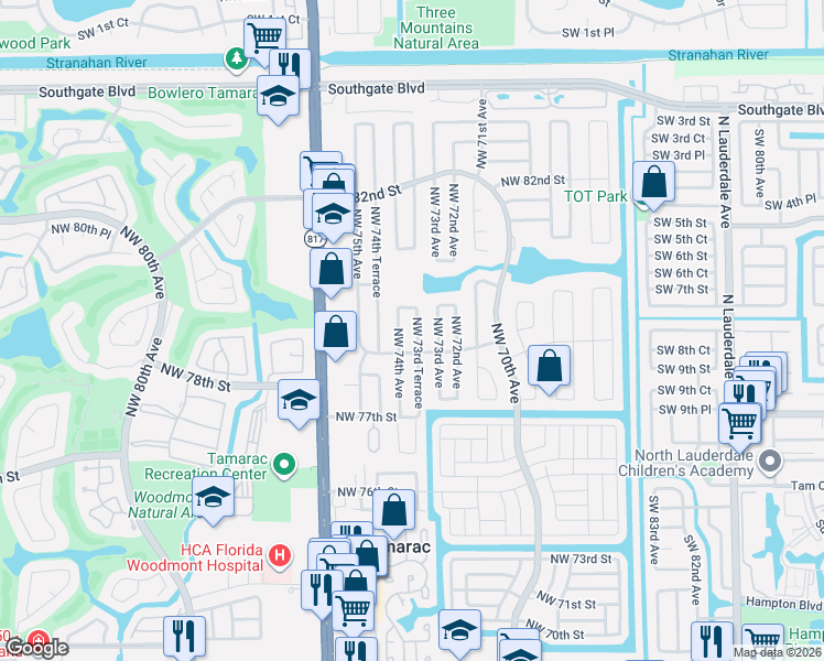 map of restaurants, bars, coffee shops, grocery stores, and more near 7903 Northwest 73rd Avenue in Tamarac