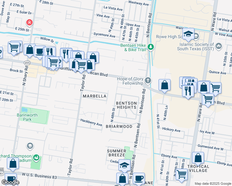 map of restaurants, bars, coffee shops, grocery stores, and more near 1208 North 48th Street in McAllen