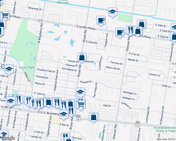 map of restaurants, bars, coffee shops, grocery stores, and more near 1591 West Gastel Circle in Mission