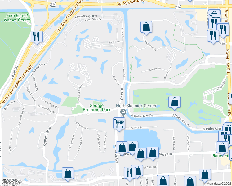map of restaurants, bars, coffee shops, grocery stores, and more near 605 Oaks Drive in Pompano Beach