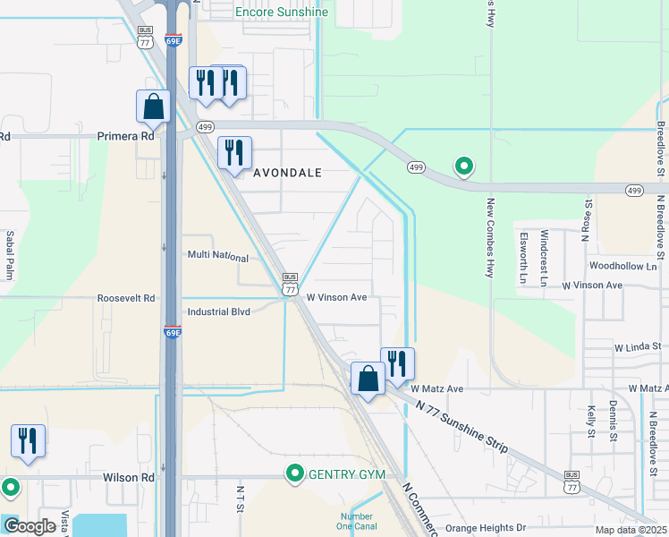 map of restaurants, bars, coffee shops, grocery stores, and more near 1713 Hayden Street in Harlingen