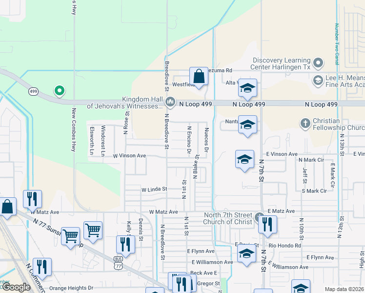 map of restaurants, bars, coffee shops, grocery stores, and more near 125 West Ebano Court in Harlingen