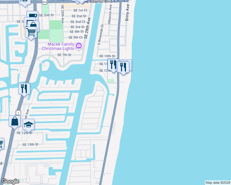 map of restaurants, bars, coffee shops, grocery stores, and more near 1350 South Ocean Boulevard in Pompano Beach