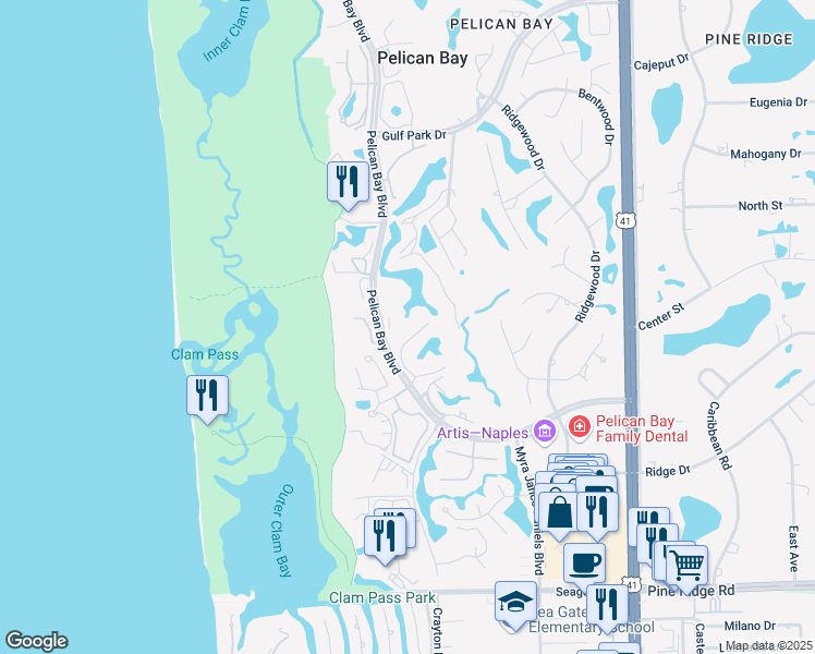 map of restaurants, bars, coffee shops, grocery stores, and more near 6040 Pelican Bay Boulevard in Naples