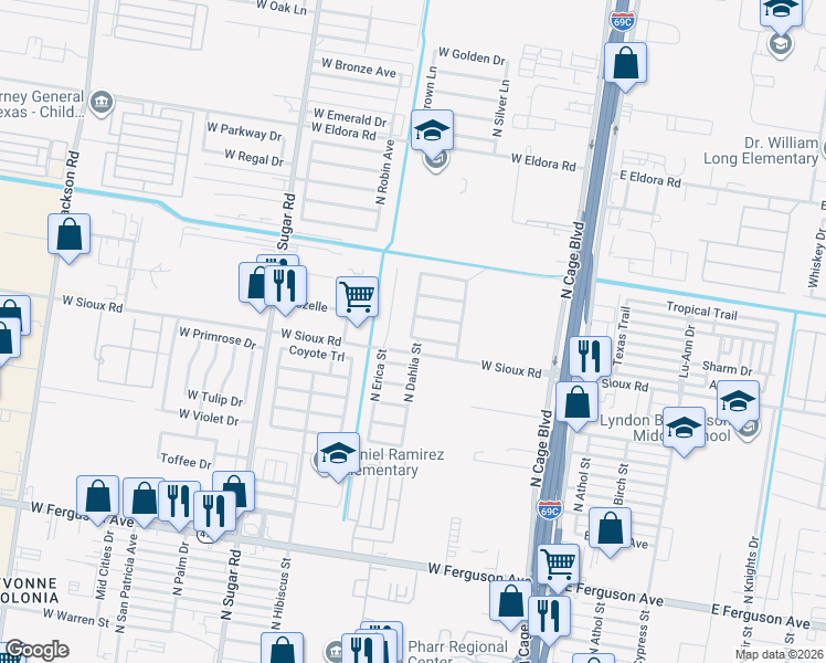 map of restaurants, bars, coffee shops, grocery stores, and more near 2900 North Erica Street in Pharr