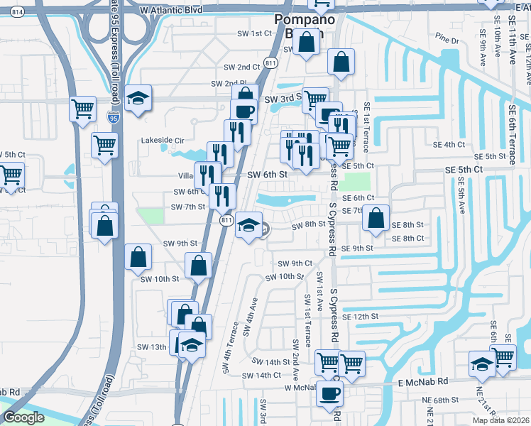 map of restaurants, bars, coffee shops, grocery stores, and more near 245 Southwest 7th Court in Pompano Beach