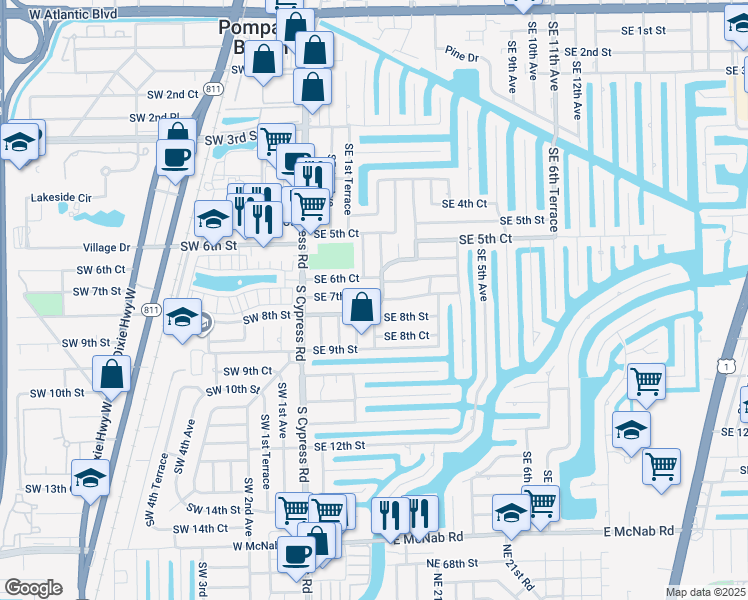 map of restaurants, bars, coffee shops, grocery stores, and more near 261 Southeast 8th Street in Pompano Beach