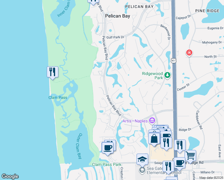 map of restaurants, bars, coffee shops, grocery stores, and more near 6040 Pelican Bay Boulevard in Naples