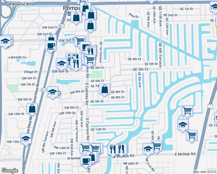 map of restaurants, bars, coffee shops, grocery stores, and more near 261 Southeast 8th Street in Pompano Beach