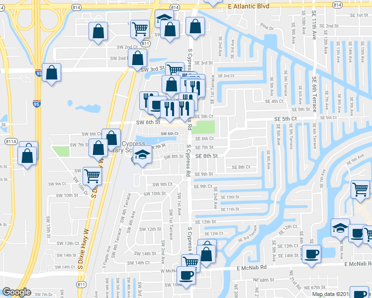 map of restaurants, bars, coffee shops, grocery stores, and more near 130 Southwest 7th Court in Pompano Beach