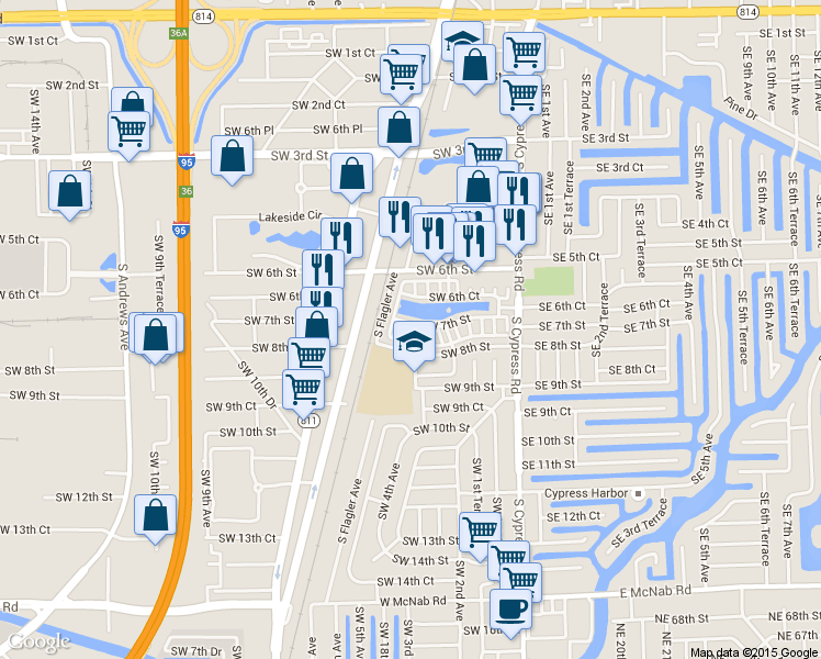 map of restaurants, bars, coffee shops, grocery stores, and more near 245 Southwest 7th Court in Pompano Beach