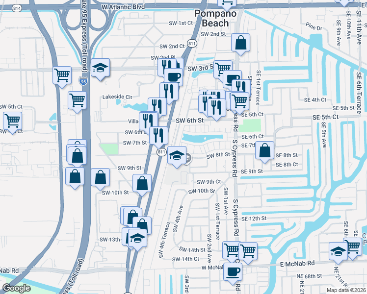 map of restaurants, bars, coffee shops, grocery stores, and more near 294 Southwest 7th Court in Pompano Beach