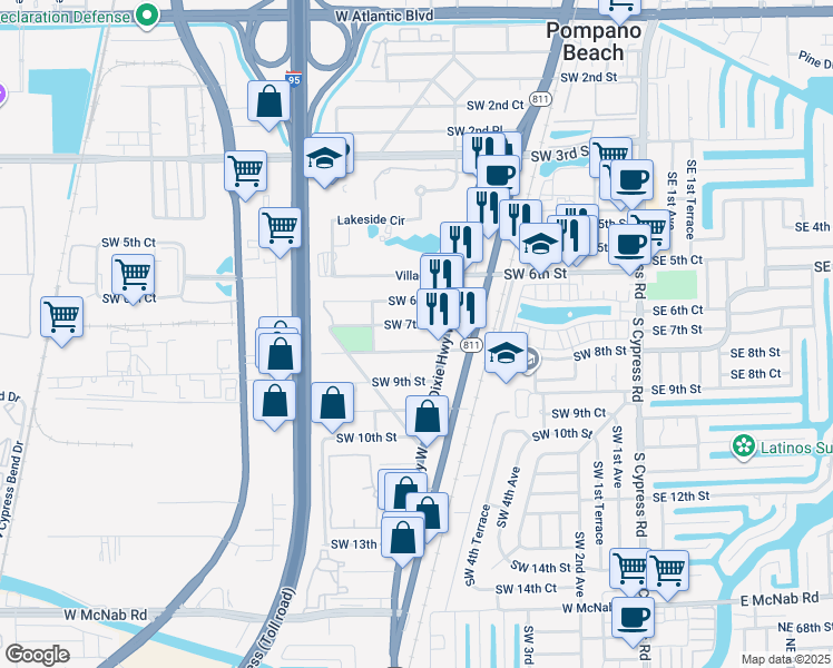 map of restaurants, bars, coffee shops, grocery stores, and more near 601 Southwest 8th Street in Pompano Beach