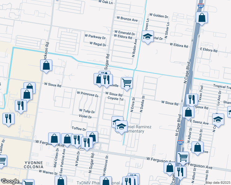 map of restaurants, bars, coffee shops, grocery stores, and more near 806 West Coyote Trail in Pharr