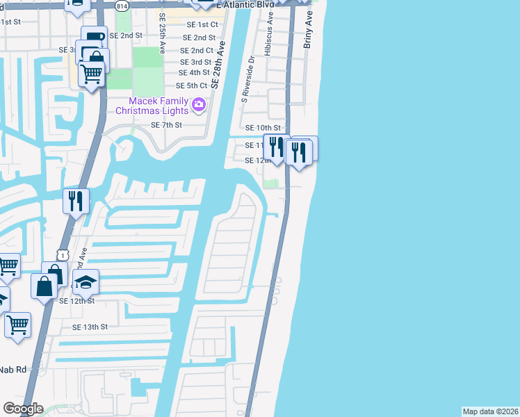 map of restaurants, bars, coffee shops, grocery stores, and more near 1370 East Terra Mar Drive in Pompano Beach