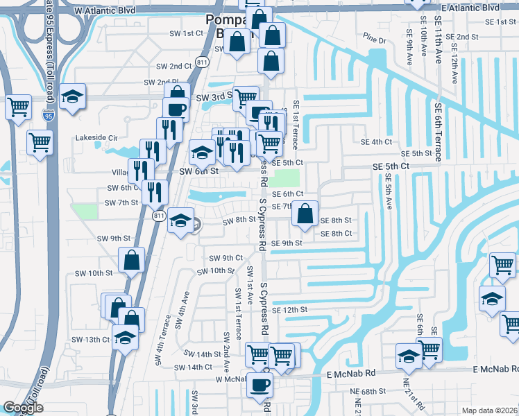 map of restaurants, bars, coffee shops, grocery stores, and more near 130 Southwest 7th Court in Pompano Beach
