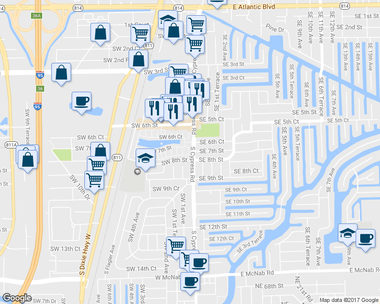 map of restaurants, bars, coffee shops, grocery stores, and more near 724 Southwest 1st Avenue in Pompano Beach