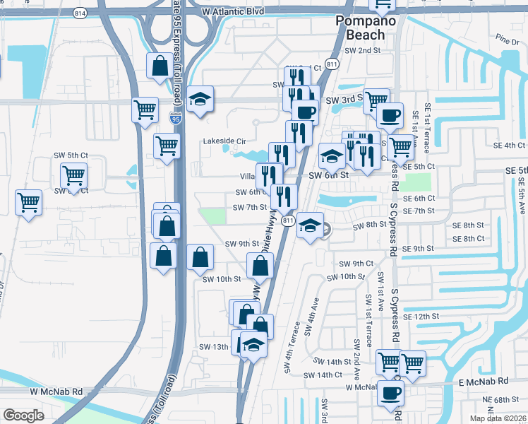 map of restaurants, bars, coffee shops, grocery stores, and more near 601 Southwest 8th Street in Pompano Beach