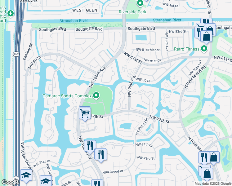 map of restaurants, bars, coffee shops, grocery stores, and more near 7755 Yardley Drive in Tamarac