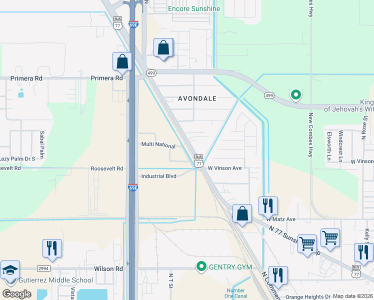 map of restaurants, bars, coffee shops, grocery stores, and more near Multi National in Harlingen