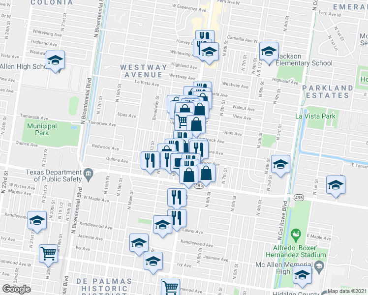 map of restaurants, bars, coffee shops, grocery stores, and more near 1042 Sycamore Avenue in McAllen