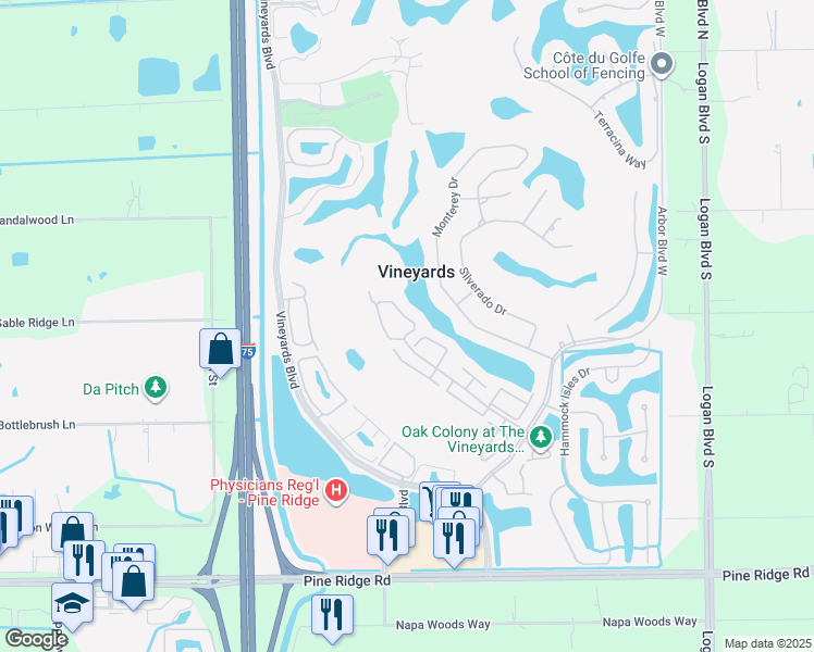 map of restaurants, bars, coffee shops, grocery stores, and more near 56 Silver Oaks Circle in Naples