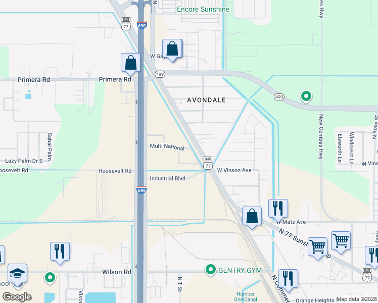map of restaurants, bars, coffee shops, grocery stores, and more near Southridge Avenue in Harlingen