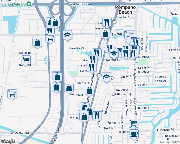 map of restaurants, bars, coffee shops, grocery stores, and more near 601 Southwest 8th Street in Pompano Beach