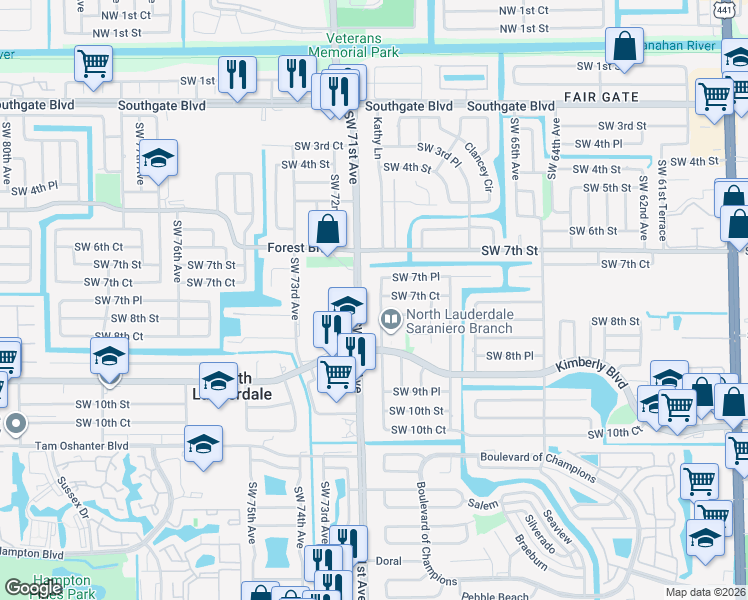 map of restaurants, bars, coffee shops, grocery stores, and more near 801 Southwest 70th Way in North Lauderdale