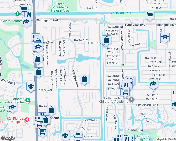 map of restaurants, bars, coffee shops, grocery stores, and more near 7818 Northwest 68th Avenue in Tamarac