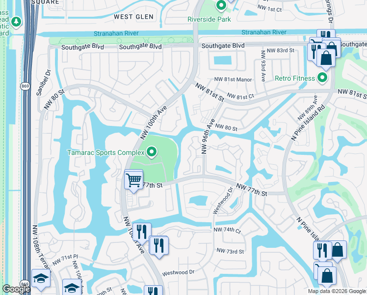 map of restaurants, bars, coffee shops, grocery stores, and more near 7755 Yardley Drive in Tamarac