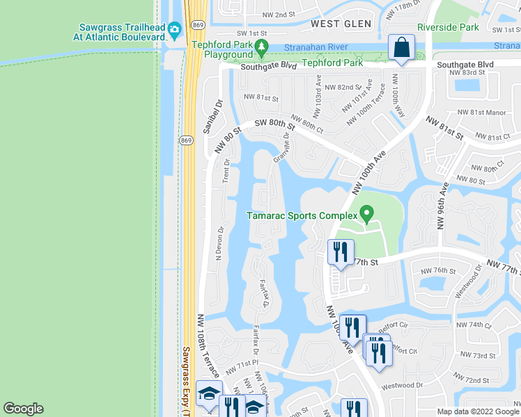 map of restaurants, bars, coffee shops, grocery stores, and more near 7427 Granville Drive in Tamarac
