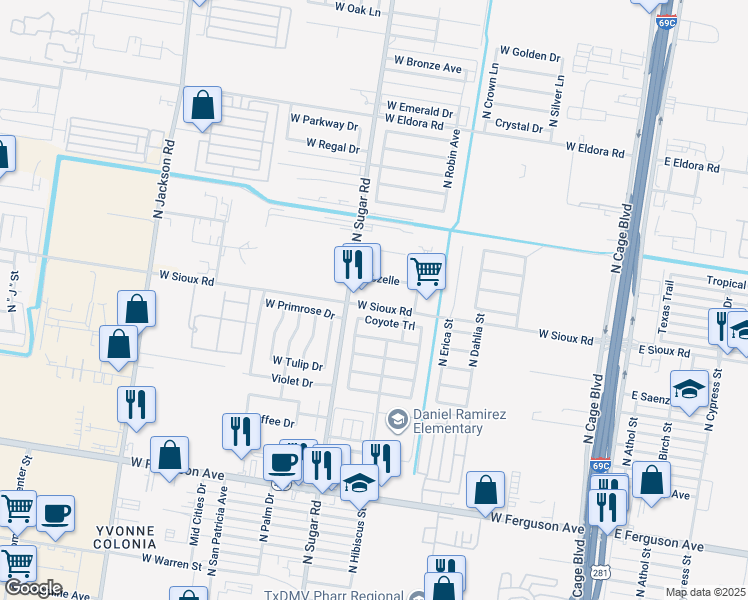 map of restaurants, bars, coffee shops, grocery stores, and more near 806 West Coyote Trail in Pharr