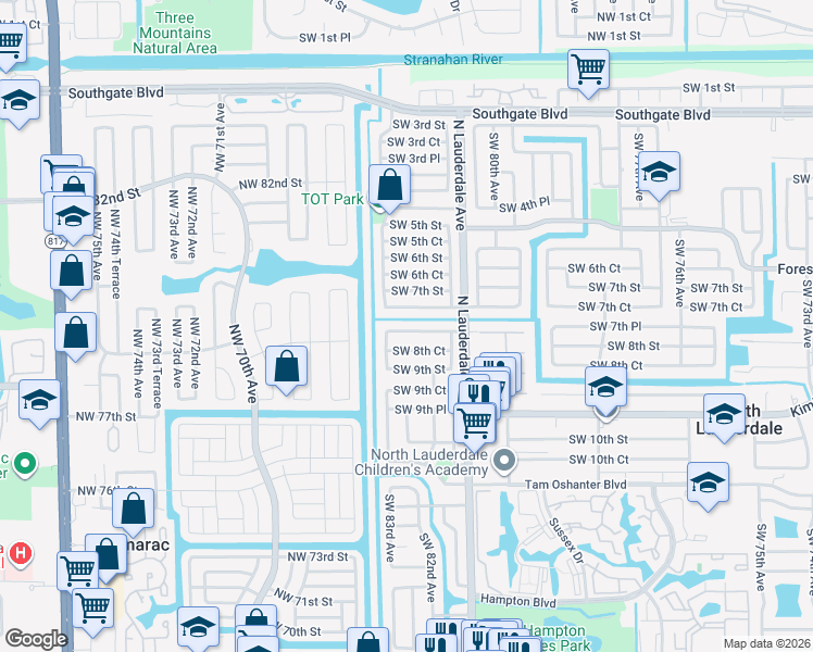 map of restaurants, bars, coffee shops, grocery stores, and more near 8271 Southwest 8th Court in North Lauderdale