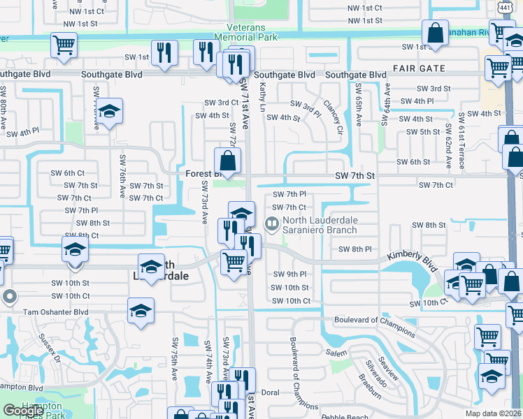 map of restaurants, bars, coffee shops, grocery stores, and more near 801 Southwest 70th Way in North Lauderdale