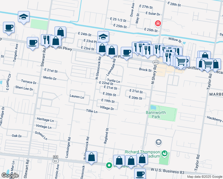 map of restaurants, bars, coffee shops, grocery stores, and more near 2018 East 20th Street in Mission