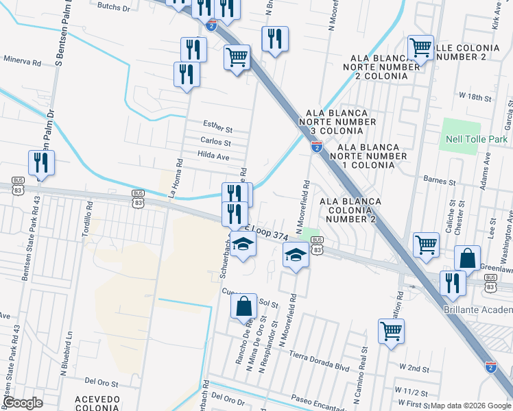 map of restaurants, bars, coffee shops, grocery stores, and more near 1202 East Loop 374 in Palmview