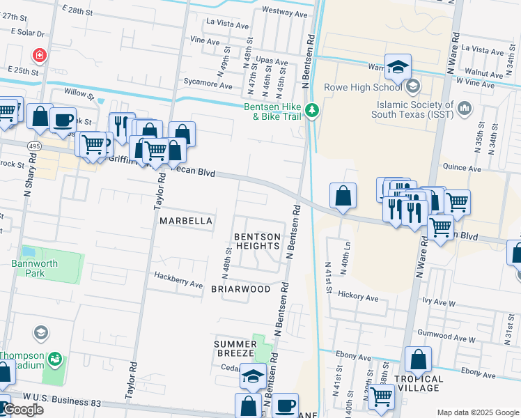 map of restaurants, bars, coffee shops, grocery stores, and more near 4601 West Maple Avenue in McAllen