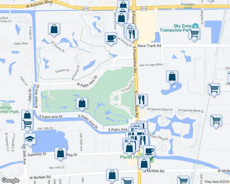 map of restaurants, bars, coffee shops, grocery stores, and more near 2661 South Course Drive in Pompano Beach